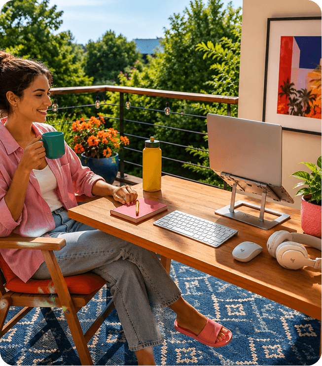 Woman working outdoors with Logitech products