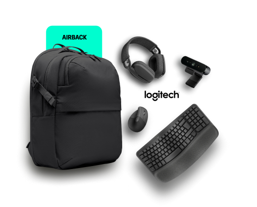 Work Smarter Setup featuring an AIRBACK MOVE backpack and Logitech products
